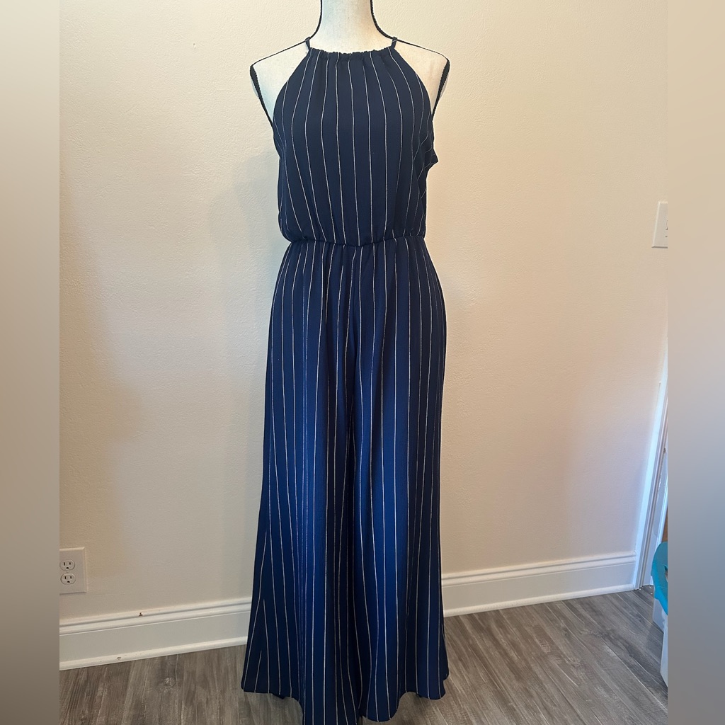 Last Chance, Must Go (By 6/8) Navy Blue Striped Halter Jumpsuit